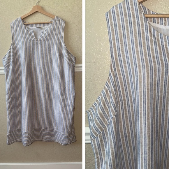 Linen Cotton Striped Sleeveless Beachy Coastal Sleeveless Midi Dress Pockets 3X - Picture 1 of 13
